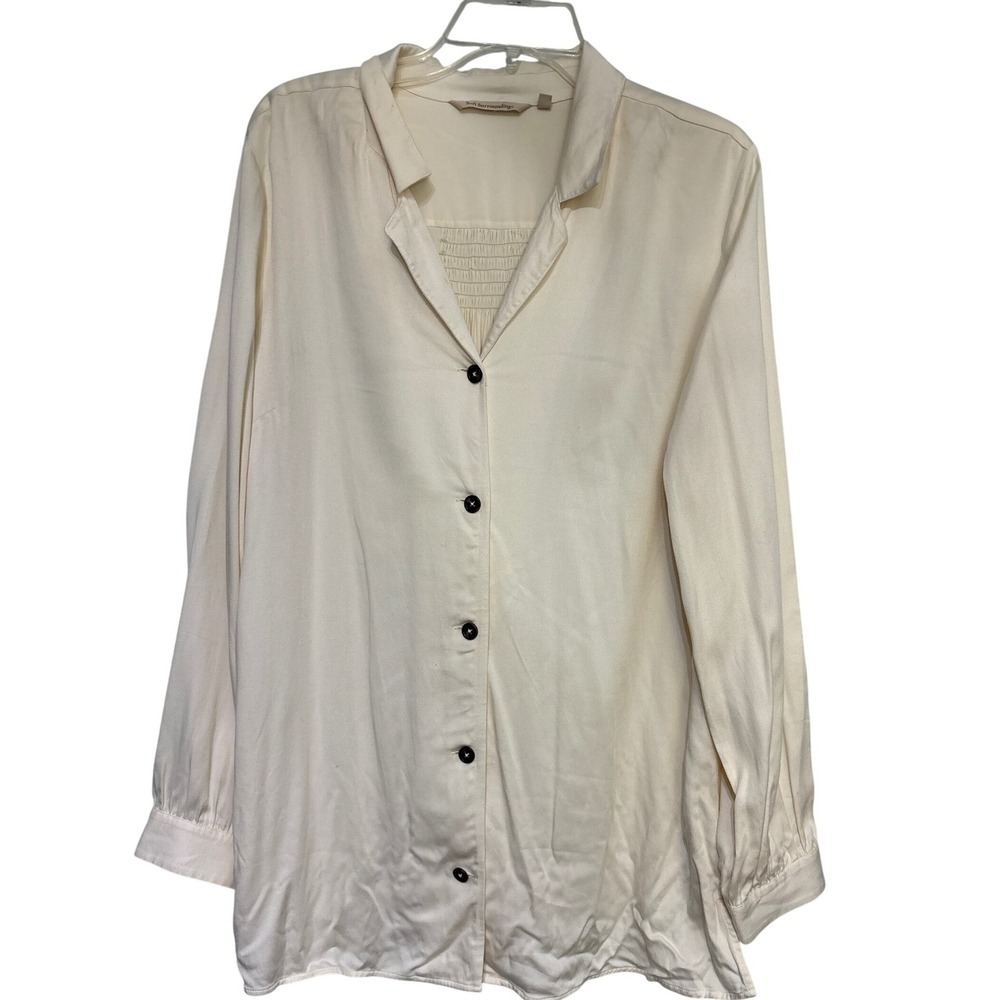 Soft‎ Surroundings Cream Smocked Button Front Long Sleeve Blouse Women's Size L